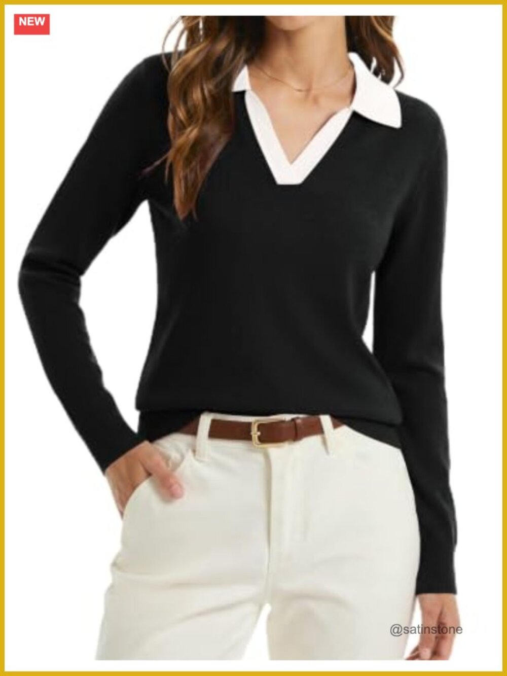 Women's Long Sleeve Polo V Neck Knitted Business Casual Pullover Sweater